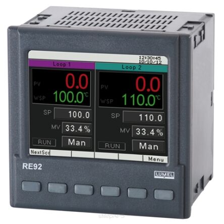 Regulator RE92, 2 wej. uniwersalne, 3 wej. binarne, wej. dodatkowe 0/4-20mA, wyj.: 2 binarne 0/5V i 4 przekaźnikowe, RS485 Modbus, z atestem Kontroli Jakości - RE92-1200000P1