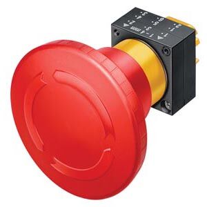 3SB3, 22 MM, Safety STOP button, standarized ISO 13850, dia. 60 MM, w/o autoreversion, plastic, lockout release by turn, with a grip, red, round - 3SB3000-1AA20