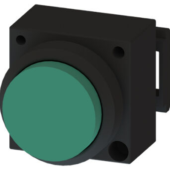 3SB3, 22 MM, lighten Sticking out button, with autoreversion, plastic, w/o socket, w/o lightbulb, with bracket for 3 elements with a grip, green, round - 3SB3001-0BA41