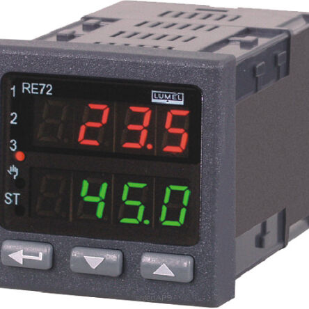 Temperature regulator RE72, 1 relay output, 2 voltage output   0/5V, continual input 0/4...20 ma, power supply 85 ..253V AC/DC, standard version, language - polish - RE72-124100P0