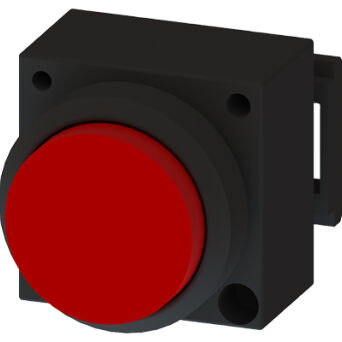 3SB3, 22 MM, lighten Sticking out button, with autoreversion, plastic, w/o socket, w/o lightbulb, with bracket for 3 elements with a grip, red, round - 3SB3001-0BA21