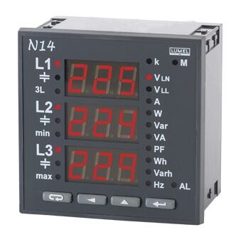 Analyser N14 of  3-phase  network parameters, current input I 5A(X/5), voltage input   u 3x57,7/100 V, DIgital output  RS485, relay output