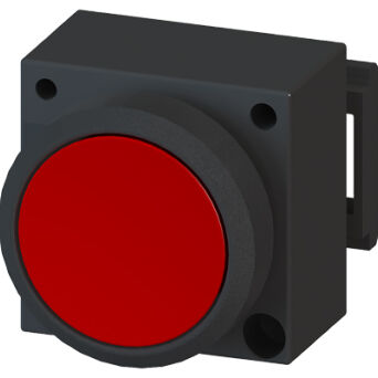 3SB3, 22 MM, flat lighten button, with autoreversion, plastic, w/o socket, w/o lightbulb, with bracket for 3 elements with a grip, red, round - 3SB3001-0AA21