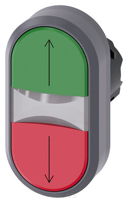 SIRIUS ACT, PRZYCISK PODŚWIETLANY PODWÓJNY, 22MM, OKRĄGŁY, TWORZYWO Z MET. PIERŚCIENIEM, CZERWONY: STRZAŁKA W GÓRĘ, ZIELONY: STRZAŁKA W DÓŁ, PŁASKIE PRZYCISKI - 3SU1031-3AB42-0AN0