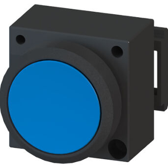 3SB3, 22 MM, flat lighten button, w/o autoreversion, plastic, w/o socket, w/o lightbulb, lockout release by re-push, with bracket for 3 elements with a grip, blue, round - 3SB3001-0DA51