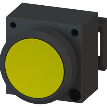 3SB3, 22 MM, flat lighten button, w/o autoreversion, plastic, w/o socket, w/o lightbulb, lockout release by re-push, with bracket for 3 elements with a grip, yellow, round - 3SB3001-0DA31