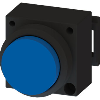 3SB3, 22 MM, lighten Sticking out button, with autoreversion, plastic, w/o socket, w/o lightbulb, with bracket for 3 elements with a grip, blue, round - 3SB3001-0BA51