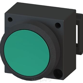 3SB3, 22 MM, flat lighten button, with autoreversion, plastic, w/o socket, w/o lightbulb, with bracket for 3 elements with a grip, green, round - 3SB3001-0AA41