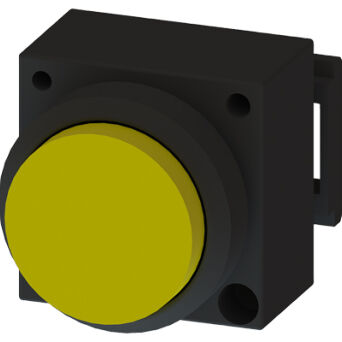 3SB3, 22 MM, lighten Sticking out button, with autoreversion, plastic, w/o socket, w/o lightbulb, with bracket for 3 elements with a grip, yellow, round - 3SB3001-0BA31