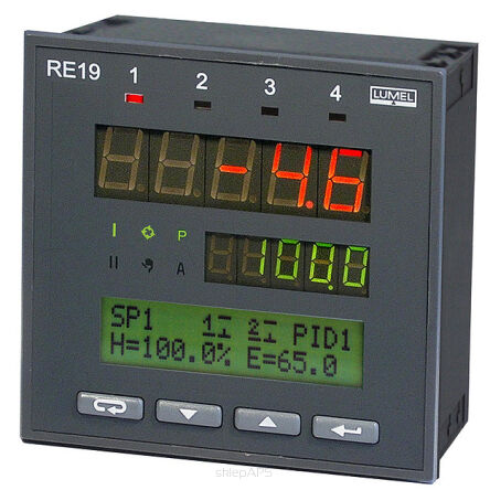 Two-channel regulator RE19, universal input, for fixed value controlling, additional current output 0/4...20 mA, voltage output 0/15 V + 3 relays, w/o interface, voltage of power supply  85...253 V AC/DC - RE19-S13010