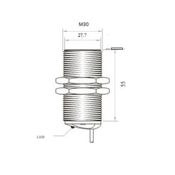 Czujnik indukcyjny XECRO, średnica M30, sn=16 mm, czoło zabudowane, NC, zasilanie 20-250 VAC, kab... - IPS30-S16AC55-A2P